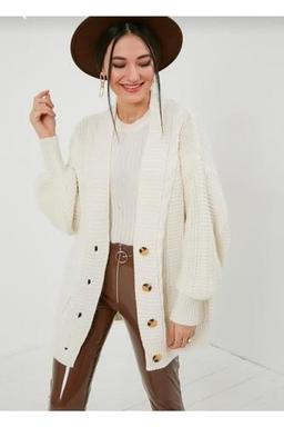 Kadın Ekru Örgü Desenli Salaş Hırka Beyaz