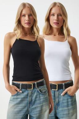 Happiness İstanbul Kadın Siyah Beyaz İp Askılı 2'li Örme Bluz 38 Beden