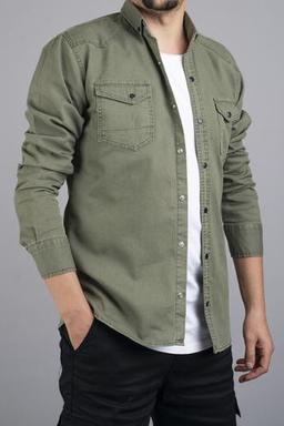 bombe Slim Fit Erkek Kot Gömlek Yeşil M Beden