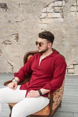 SKYMOOD Erkek Dokulu Oversize Gömlek Bordo L Beden