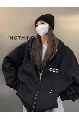 Adrift Unisex Siyah CEC Baskılı Oversize Kapüşonlu Hırka M Beden