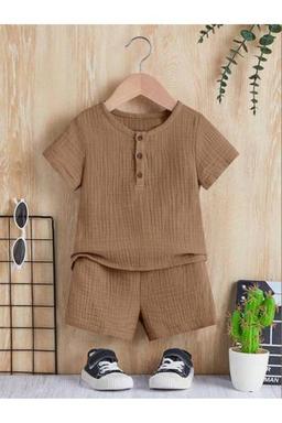 Bubito Unisex Bebek&Çocuk %100 Pamuklu Düğmeli Müslin Alt Üst Şort Takım-Kahverengi 6-9 AY Beden