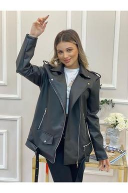 VESS MODA Kadın Oversize Toka Detaylı Deri Ceket S Beden