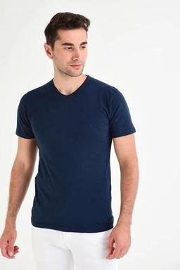 Dynamo  Erkek Basic Likralı V-Yaka T-Shirt  - T-339 - Lacivert - L