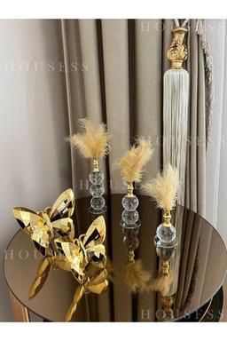 Housess Dekoratif 2'li Gold Kelebek Ve 3'lü Gold Tüylük Seti Biblo Süs