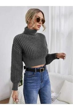 Crop Örme Boğazlı Kadın Crop Kazak Selanik Crop