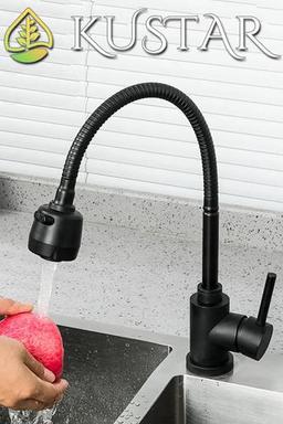 KUSTAR 2 FONKSİYONLU SPİRALLİ 360 DERECE DÖNER BORULU TAM SİYAH ASUR MUTFAK EVİYE BATARYASI
