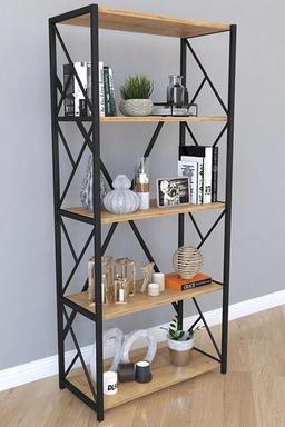 Tedarikcenter 5 Raflı Metal Kitaplık Modern Kitaplık Ofis Rafı Çok Amaçlı Metal Raf - Atlantik Çam