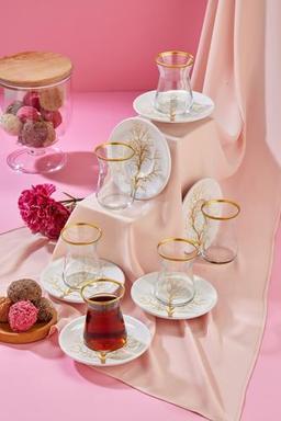 Babion Golden Tree Ihlamur 12 Parça Gold Çay Bardağı Takımı, 6 Kişilik Çay Seti