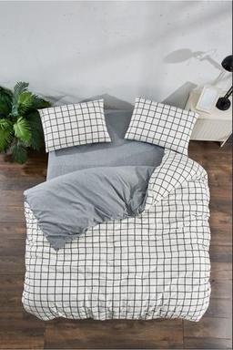 BEYAZ KARE ANTRASİT LASTİKLİ ÇARŞAFLI TEK KİŞİLİK NEVRESİM TAKIMI 1 YASTIK KILIFLI