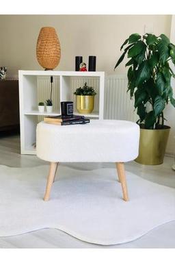 Gürgen Ahşap Ayak Kırık Beyaz Pofidik Tedy Handmade Oval Puf Bench Sandalye