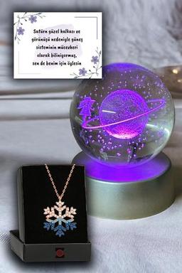 Renk Değiştiren Led Işıklı Cam Satürn Kız Küre Dolunay Lamba Kristal Top Ve Zirkon Kar Tanesi Kolye