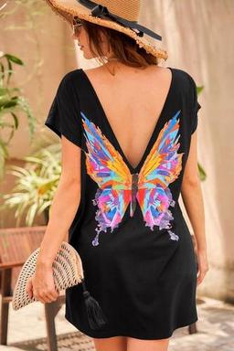 MODAGEN Kadın Siyah Butterfly Sırt Baskılı Oversize Elbise M Beden