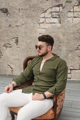 SKYMOOD Erkek Dokulu Oversize Gömlek Haki XS Beden