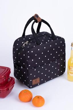 ALTINPAMUK Termal Çanta Isı Yalıtımlı Su Geçirmez Yemek Taşıma Beslenme Çantası Askılı Siyah Puantiyeli