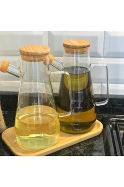 Borosilikat 2 Li Bambu Standlı Yağlık Sirkelik Set 900 Ml