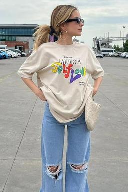 MODERNİZE Kadın Bej Self Love Baskılı Oversize T-shirt XL Beden