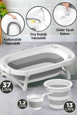 Arsimo Katlanır 3'lü Bebek Çocuk Yıkama Küvet - Kova - Maşrapa Seti Büyük Boy | Duş Başlığı Takılabilir