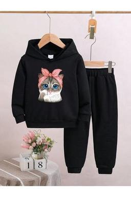 MODERNİZE ÇOCUK TATLİŞ KEDİ BASKILI KIZ / ERKEK ÜST KAPİŞONLU EŞOFMAN ALTI ALT ÜST TAKIM 8-9 Yaş Beden