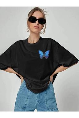 spearly Blue Butterfly Baskılı Oversize Pamuk Penye Kumaş Siyah Tshirt 5-6 Yaş Beden