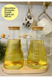 Bambu Kapaklı Ve Bambu Altlıklı Borosilikat Cam Yağlık Sirkelik - 3 Lü Set