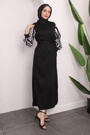 İmajButik Siyah Uzun Boy Zebra Desenli Tesettür Elbise XL Beden