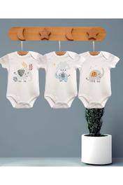 Bebewini %100 Organik Pamuk 3'lü Baskılı Kısa Kollu Bebek Body 6-9 AY Beden