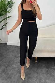 MODAF Kadın Siyah Yüksek Bel Pensli Kumaş Pantolon 10 Yaş Beden