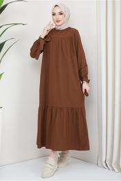 hafsamina Robalı Kol Ucu Bağlamalı Elbise Kahverengi 38 Beden