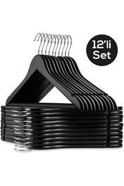 12 Adet - Ahşap Görünümlü A Kalite Siyah Elbise Kıyafet Askısı 135 gr