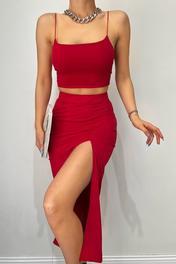 mymoda Yandan Yırtmaçlı Etek Crop Takım M Beden