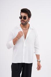 Mevsimlik Keten Dokulu Oversize Erkek Gömlek Beyaz