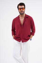 Keten Dokulu Oversize Erkek Gömlek Bordo