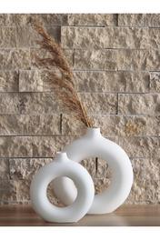 stonnish Bohem Halka Vazo Set (BÜYÜK 19X20CM, KÜÇÜK 14X15CM) Dekoratif, Hediyelik Ham Beyaz