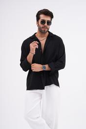 Keten Dokulu Oversize Erkek Gömlek Siyah