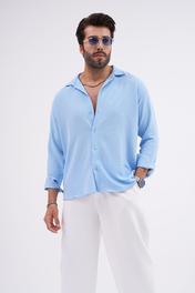 Keten Dokulu Oversize Erkek Gömlek Açık Mavi
