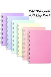 8 ADET 72 Yaprak Okul Defteri PP Kapak Spiralli Defter A4  4 ÇİZGİLİ + 4 KARELİ