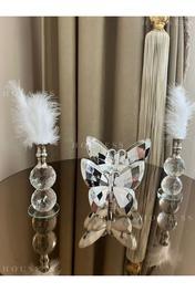 Dekoratif 2'li Gümüş Kelebek Ve 2 Adet 2 Katlı Gümüş Tüylük Biblo Süs