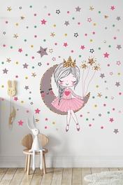 KT Decor Ayda Oturan Sevimli Kız Ve 150 Adet Yıldız Ve Puantiyeler Kız Çocuk Odası Mega Duvar Sticker Seti
