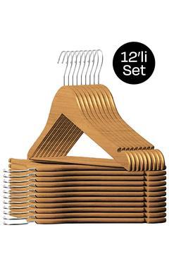 12 Adet - Ahşap Görünümlü Elbise Ve Kıyafet Askısı Ahşap Renk