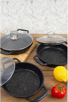 Doremcy 6 Parça Siyah Cam Kapaklı Granit Sahan Tencere Seti 18-20-22 Cm