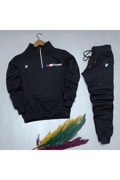 NewCabin Yarım Fermuarlı Bmw Baskılı Pamuklu Siyah Sweat-pamuklu Siyah Eşofman Altı Takım Alt Üst 2'li L Beden