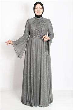 Volan Sleeve Detailed Stone Silver Silvery Evening Dress Lavender MDA2252
