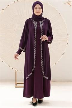 Stone Print Detail Evening Dress Plum FHM838