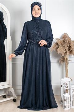 Stone Embroidered Silvery Evening Dress Navy Blue MDA2256