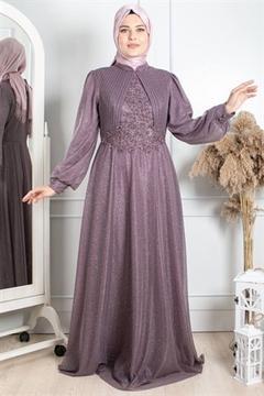Stone Embroidered Silvery Evening Dress Lilac MDA2256