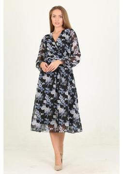 Neşeli Butik Kadın Mavi Çiçek Desenli Kuşaklı Kruvaze Şifon Elbise RSSN16