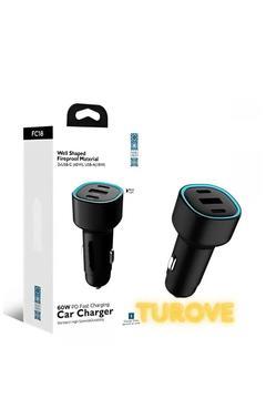 Araç Şarj Cihazı, Hızlı Şarj  60W.. 1 Çakmaklık Girişli Akım Korumalı 2-Type-c  1-USB Giriş