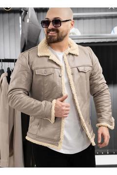 İçi kürklü erkek bej renk  suni deri içi peluşlu  mont