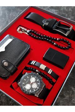 Erkek Saat Kemer Cüzdan Tespih Çakmak Bileklik Hediye Seti Kahverengi